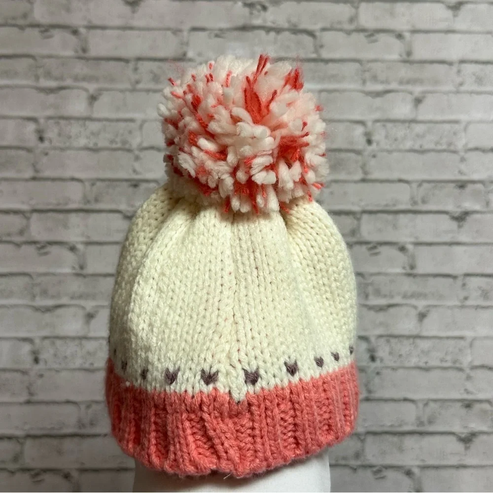 Knit Lined Winter Toddler Hat Pink Heart Pom Pom Toboggan Beanie 9.5